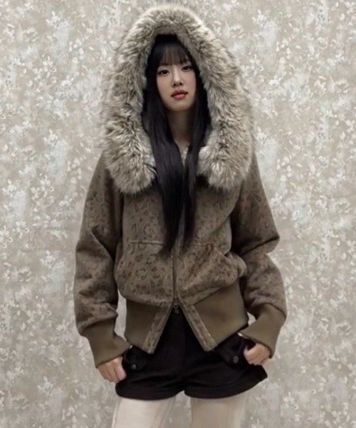 ViViDAY ブルゾン アウター エコファーフード付き ヒョウ柄裏起毛