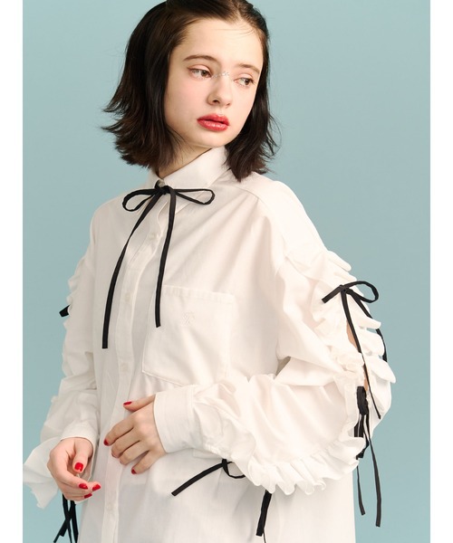 ブラウス シャツ ショルダーフリルリボンタイBIGシャツ　夏服 レディースの画像