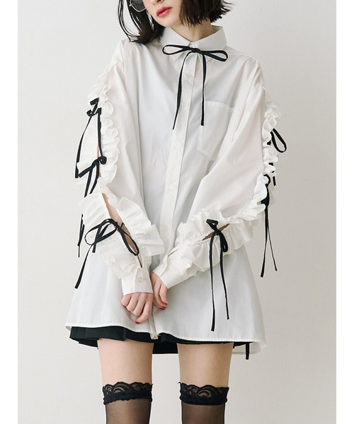 ブラウス シャツ ショルダーフリルリボンタイBIGシャツ　夏服 レディースの画像