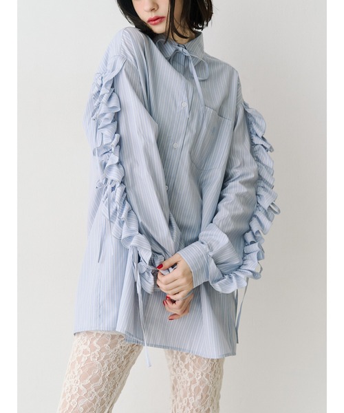 ブラウス シャツ ショルダーフリルリボンタイBIGシャツ　夏服 レディースの画像