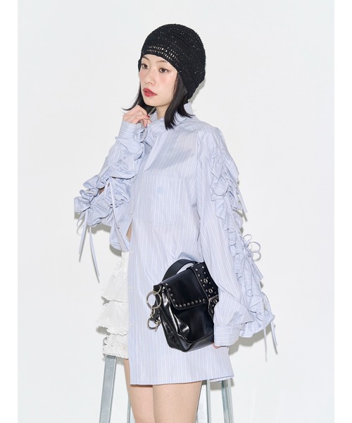 ブラウス シャツ ショルダーフリルリボンタイBIGシャツ　夏服 レディースの画像