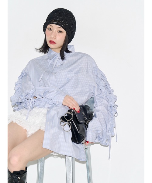 ブラウス シャツ ショルダーフリルリボンタイBIGシャツ　夏服 レディースの画像