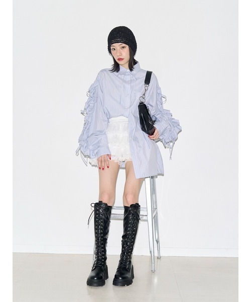 ブラウス シャツ ショルダーフリルリボンタイBIGシャツ　夏服 レディースの画像