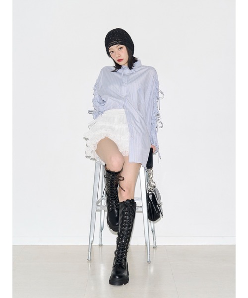ブラウス シャツ ショルダーフリルリボンタイBIGシャツ　夏服 レディースの画像