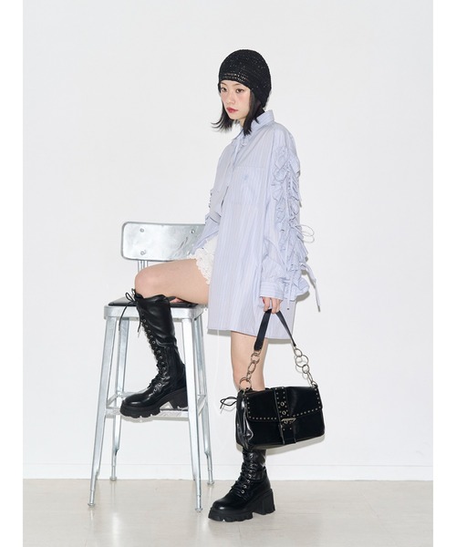 ブラウス シャツ ショルダーフリルリボンタイBIGシャツ　夏服 レディースの画像