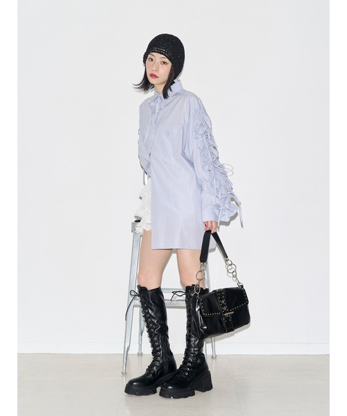 ブラウス シャツ ショルダーフリルリボンタイBIGシャツ　夏服 レディースの画像