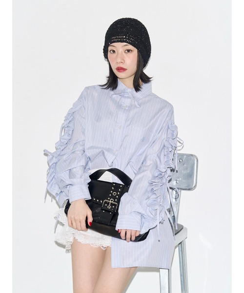ブラウス シャツ ショルダーフリルリボンタイBIGシャツ　夏服 レディースの画像