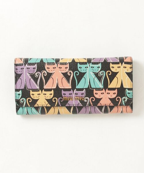 miu miu / ミュウミュウ | MADRAS キャットプリント 長財布 | ベージュ/ブラック | レディース MIU MIU - miu miu / ミュウミュウ | MADRAS キャットプリント 長財布