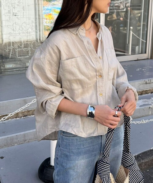 ブラウス シャツ LINEN100 クロップドシャツ レディースの画像
