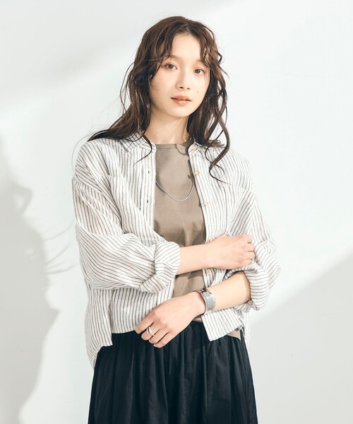 ブラウス シャツ LINEN100 クロップドシャツ レディースの画像