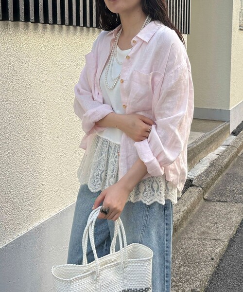 ブラウス シャツ LINEN100 クロップドシャツ レディースの画像