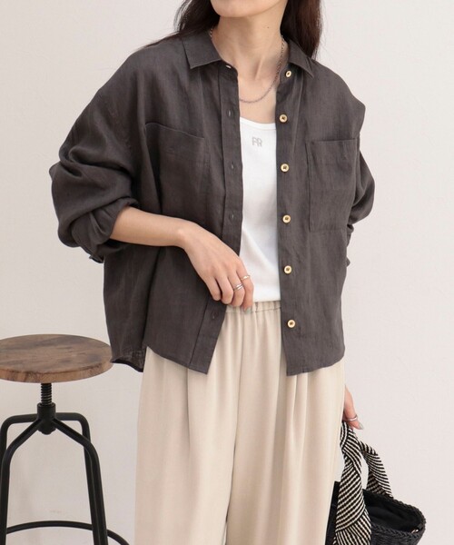 ブラウス シャツ LINEN100 クロップドシャツ レディースの画像