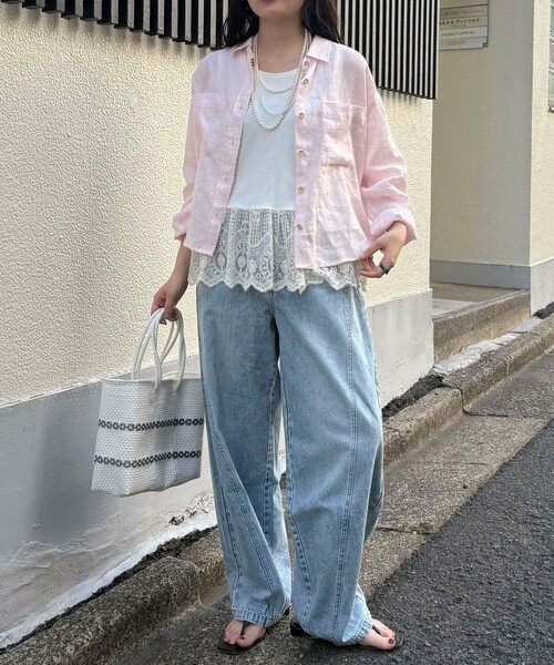 ブラウス シャツ LINEN100 クロップドシャツ レディースの画像