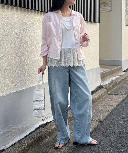 ブラウス シャツ LINEN100 クロップドシャツ レディースの画像