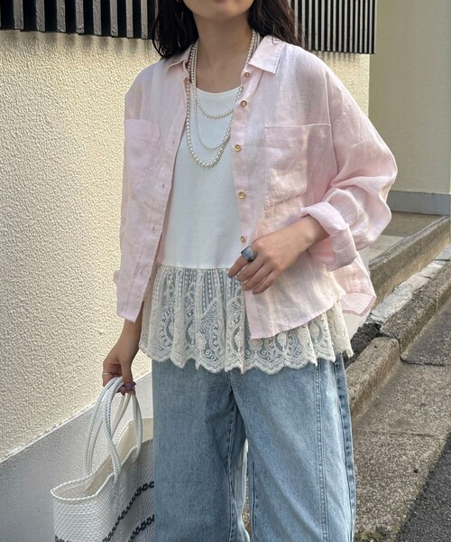 ブラウス シャツ LINEN100 クロップドシャツ レディースの画像