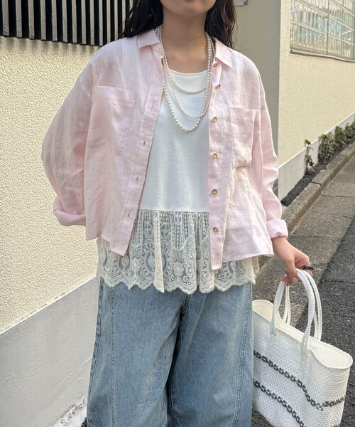 ブラウス シャツ LINEN100 クロップドシャツ レディースの画像