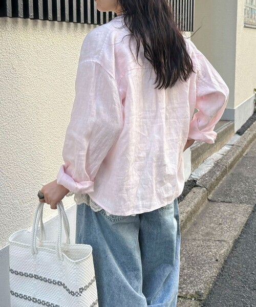 ブラウス シャツ LINEN100 クロップドシャツ レディースの画像