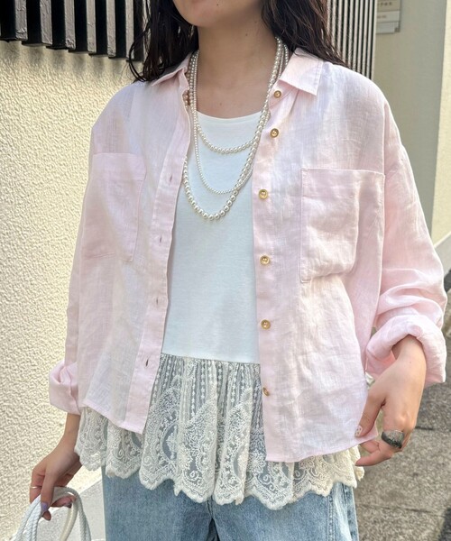 ブラウス シャツ LINEN100 クロップドシャツ レディースの画像