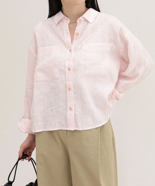 ブラウス シャツ LINEN100 クロップドシャツ レディースの画像