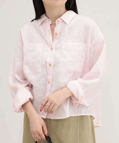 ブラウス シャツ LINEN100 クロップドシャツ レディースの画像