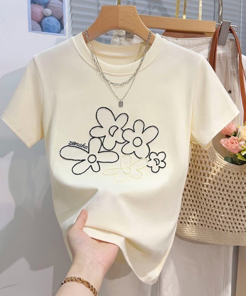 tシャツ 半袖 フラワー 刺繍 半袖 Tシャツ レディース | pyornim | 02