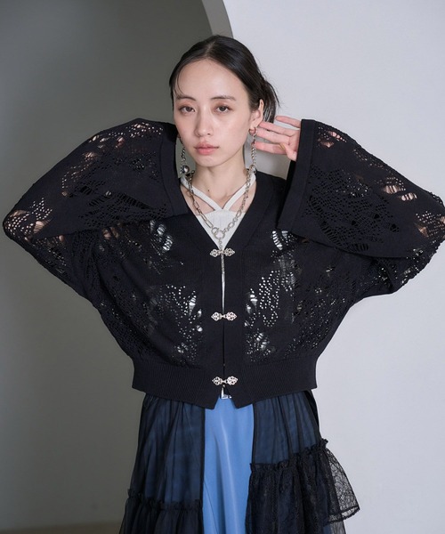 カーディガン スカシアミワイドスリーブ チャイナカナグニットカーディガン(HARE) レディースの画像