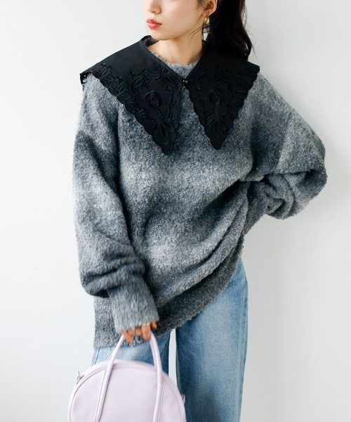 45Rタグ付き 粟サテンのタックドレス 刺繍付け襟 サイズ3 GeeRA（ジーラ） つけ襟 付け襟 カットワーク刺しゅう付け衿