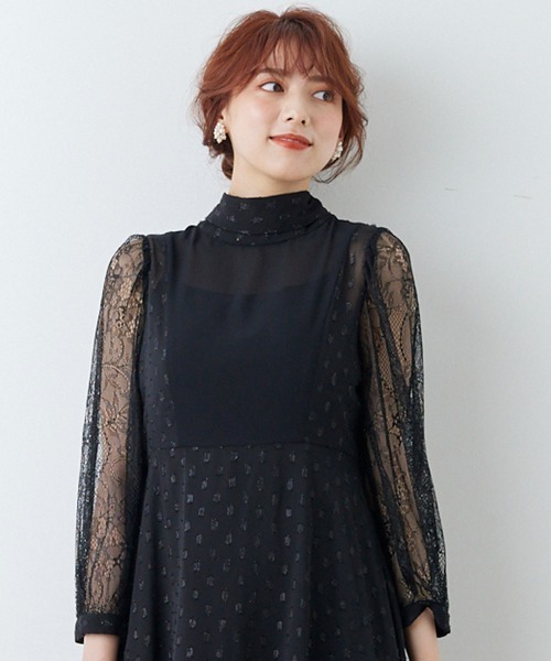 12Twelve Agenda ドレス リボンタイ付ドット柄7分袖ロングワンピース  