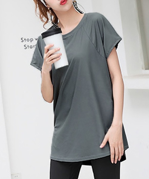 半袖　Tシャツ　レディース　バレエ　ヨガ　ウェア　トップス　グレー　灰色 HYS SHOP tシャツ 半袖 ヨガ レディース 半袖サイドスリットきれいめ