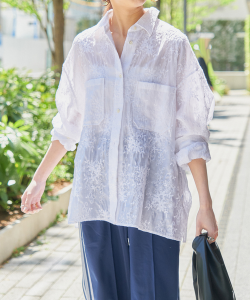 Spick&Span　シアーエンブロイダリーシャツ　花柄刺繍　白　2024SS Spick＆Span（スピック アンド スパン） シャツ ブラウス シアーエン