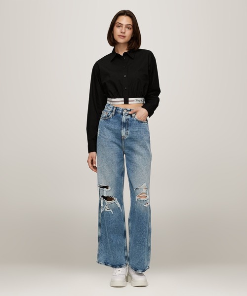 ブラウス シャツ クロップドロゴテーピングシャツ レディース メンズ TOMMY HILFIGER ブラウス シャツ クロップドロゴテーピング
