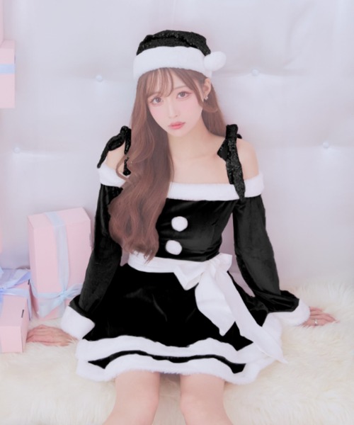 サンタ　ビカムツリー 黒白　二点セット 即日発送】【サンタコス 5点セット】【S-Mサイズ/2カラー】ベロア