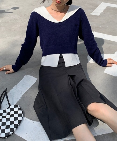leune ニット セーター レイヤード風セーラーカラーニット