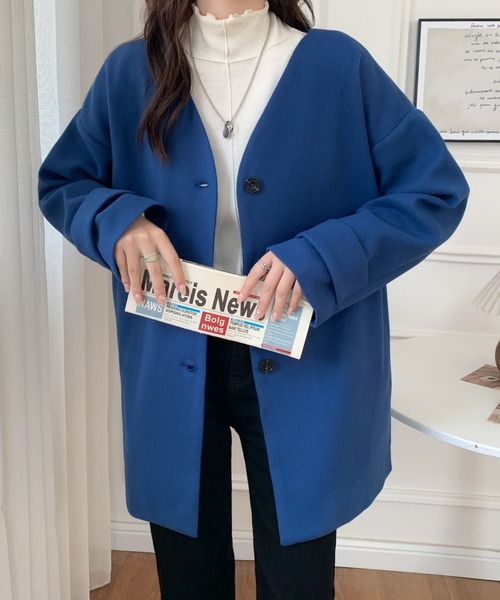 「ABITOKYO」 ノーカラーコート M ブルー レディース_画像6