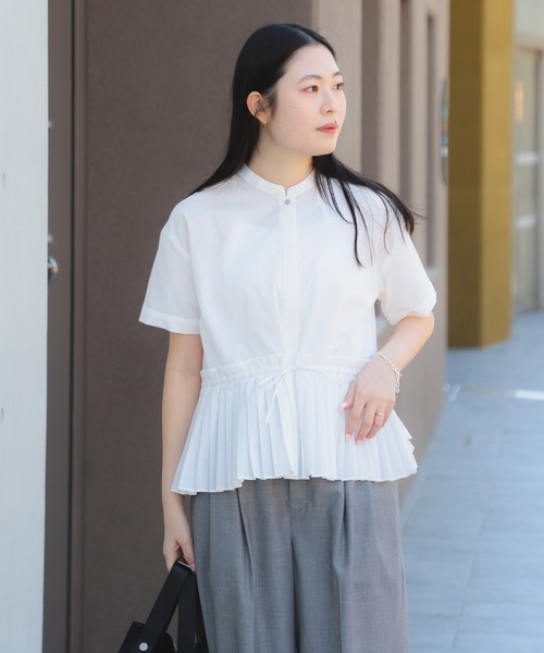ブラウス シャツ プリーツ キリカエ バンドカラー シャツ 「洗える」 レディース