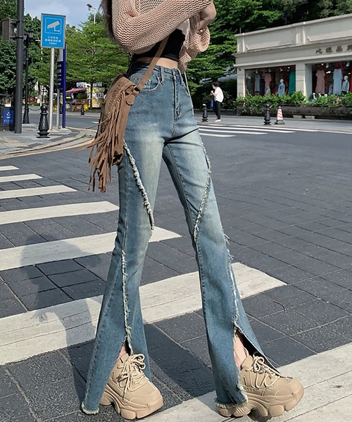 週末セール価格✨️45R✨️再び ocean デニムパンツ blackdia ocean ジーンズ デニム デニムパンツ スリットフレア