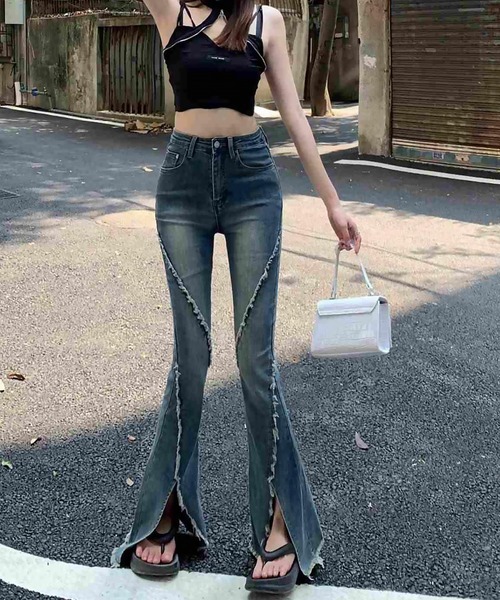 週末セール価格✨️45R✨️再び ocean デニムパンツ blackdia ocean ジーンズ デニム デニムパンツ スリットフレア
