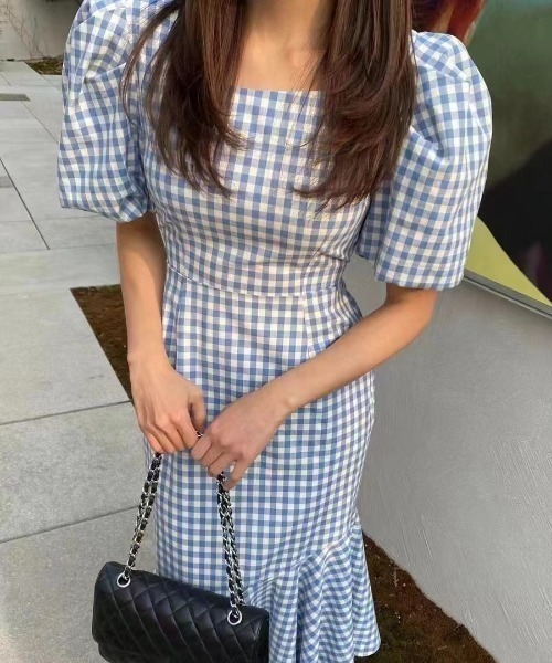 Mejoul ワンピース ギンガムチェックマーメードフリルワンピース