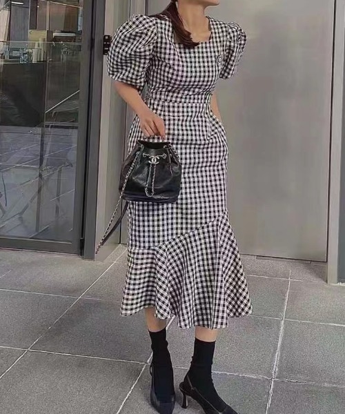Mejoul ワンピース ギンガムチェックマーメードフリルワンピース