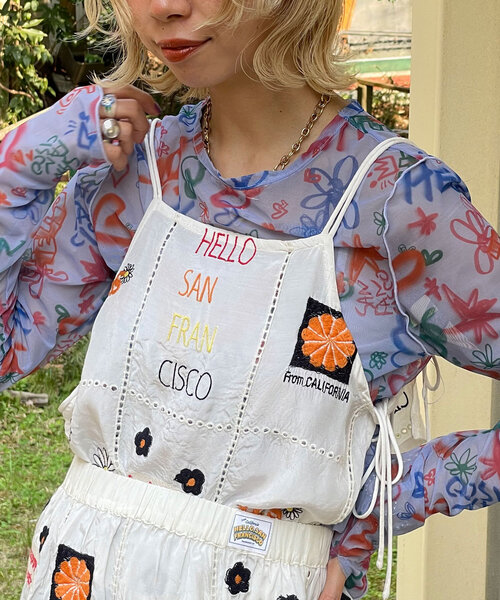 tシャツ 「HELLO.SANFRANCISCO/ハローサンフランシスコ」indiaオリジナル刺繍サテンキャミ レディース HELLO.SANFRANCISCO tシャツ 「HELLO.SANFRANCISCO/ハロー