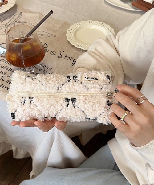 VIBGYOR ポーチ Liaa/_もこもこ リボン柄 ポーチ ペンケース A18477