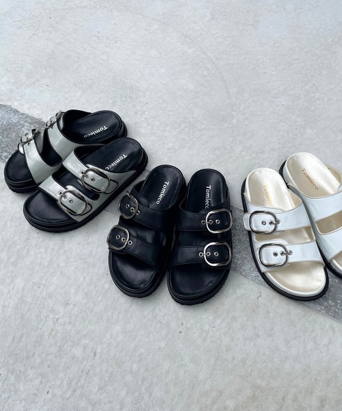 希少品 美品 Tomo&Co フラットサンダル ホームレスサンダル ブラック Tomieco（トミエコ） 厚底 サンダル サッと履ける 2本ベルト フラット