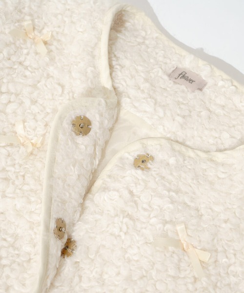 flower ジャケット ノーカラージャケット リボンボアジャケット