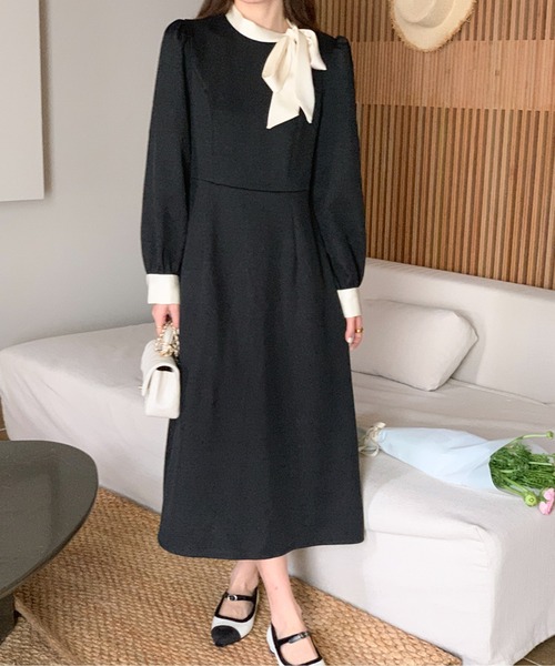 ワンピース バイカラーボウタイミディ丈ワンピース : ZOZOTOWN Yahoo