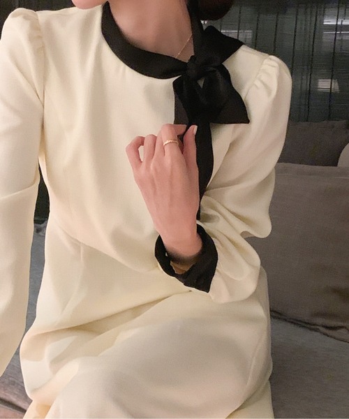 ワンピース バイカラーボウタイミディ丈ワンピース : ZOZOTOWN Yahoo