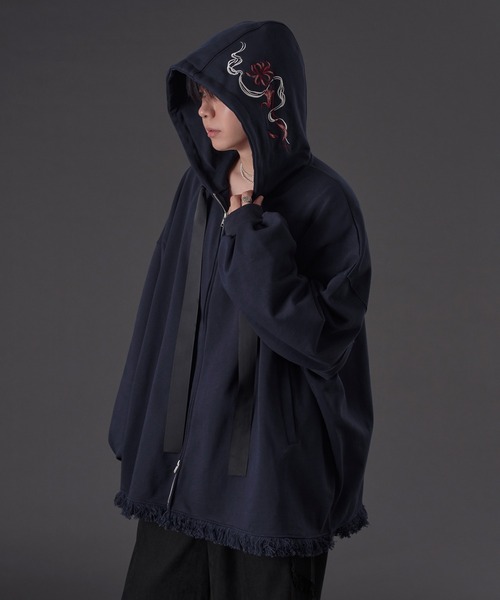 狐独 パーカー 彼岸花刺繍ビックフーディ メンズ レディース