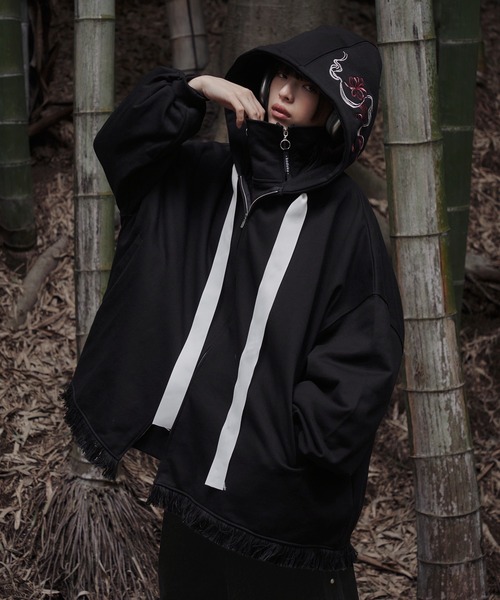 狐独 パーカー 彼岸花刺繍ビックフーディ メンズ レディース