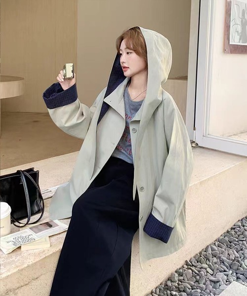 ✨新品タグ付き✨PUMA × ami 朱色トレンチコート　スプリングコート nonomi ステンカラーコート コート 取り外し可能なチェック柄フード