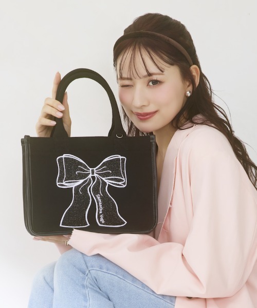 ［Samantha Vega］（新品未使用）ブラック ハンドバッグ Samantha Vega（サマンサベガ） ハンドバッグ リボン刺繍ハンドバッグ