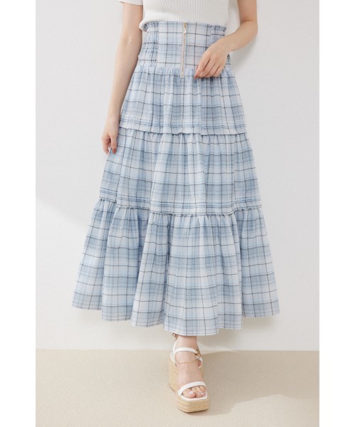 スカート ウエストシャーリングタックデザインフレアスカート　春服　夏服の画像